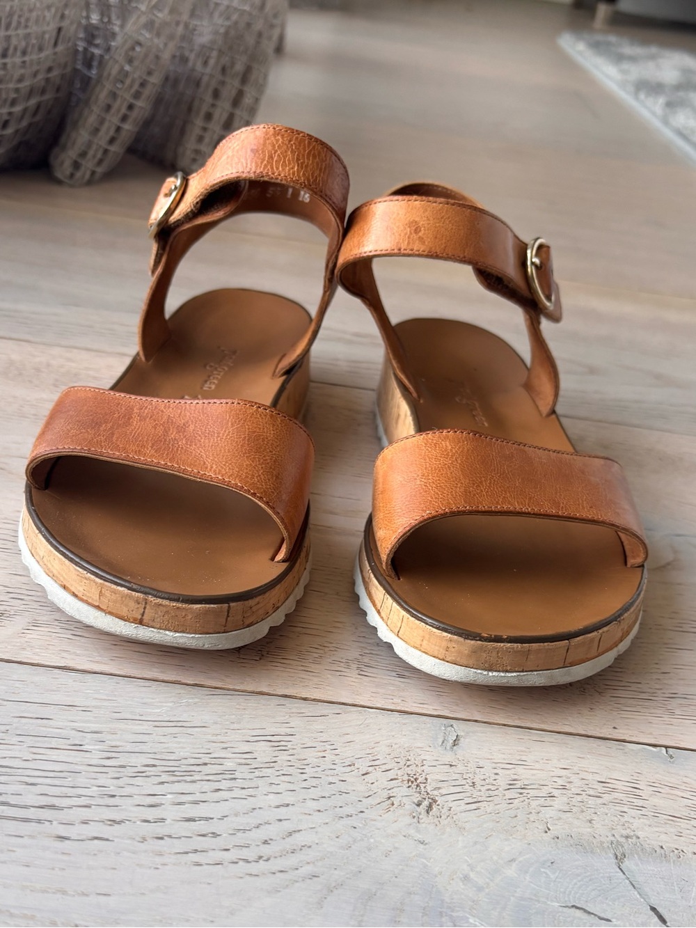 Paul Green Tan Leather Cork-Platform Sandals with Gold Buckle - Picture 4 of 8